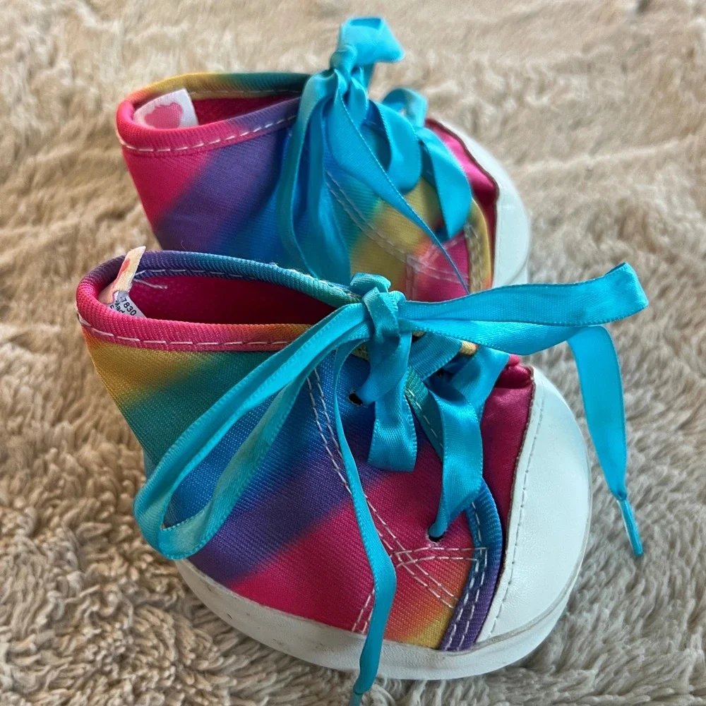 Build-A-Bear Rainbow Tie Dye High Top Sneakers Turquoise Satin Laces 27830